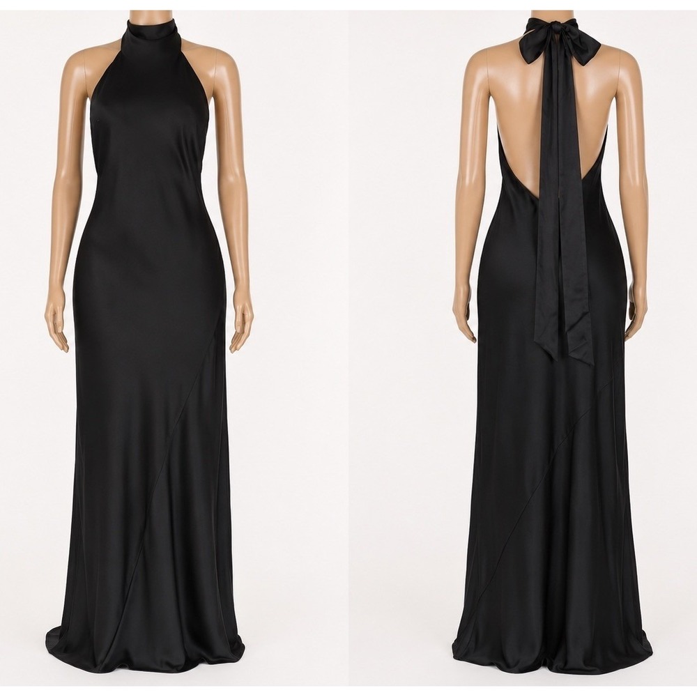 Show Me Your Mumu Lisa Maxi Dress Women Small Black Luxe Satin Self Lined Halter - Picture 3 of 16